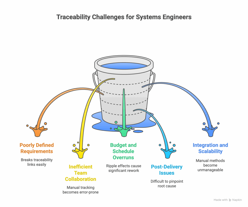 Why is Achieving Traceability a Challenge for Systems Engineers?  This image of a bucket leaking water lists out those challenges.