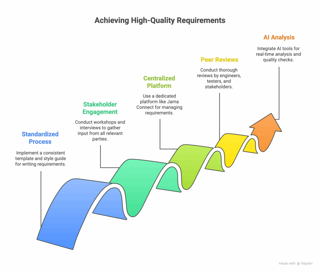 Colorful ribbon showing five elements of high-quality requirements; standardized process, stakeholder engagement, centralized platform, peer reviews, and AI analysis. 