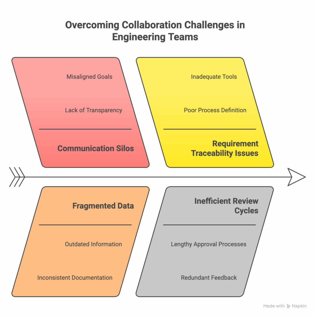 Four part chart listing out the main challenges in engineer collaboration: communication silos, fragmented data, requirements traceability issues, and inefficient review cycles.