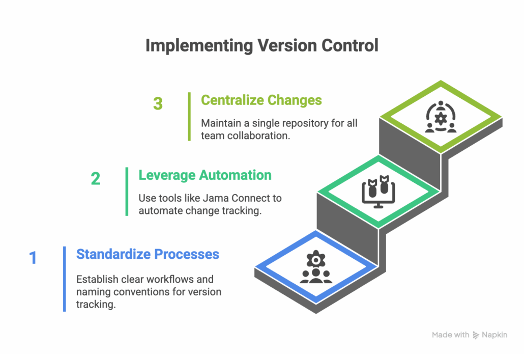 Step chart showing the actionable steps of implementing version control; standardize processes, leverage automation, and centralize changes.