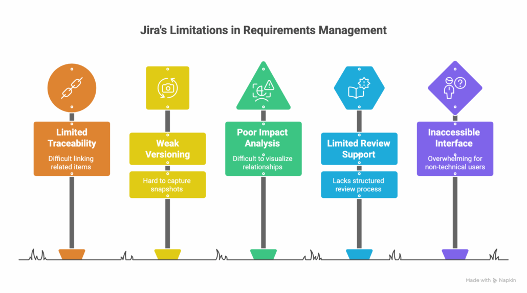 Road signs displaying the many limitations of using only Jira for requirements management, including limited traceability, weak versioning, poor impact analysis, limited review support, and inaccessible interface.
