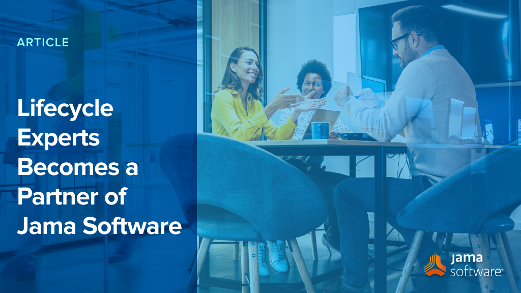 Group of people sitting around a conference table with the accompanying text showing an announcement of Lifecycle Experts becoming a partner of Jama Software.