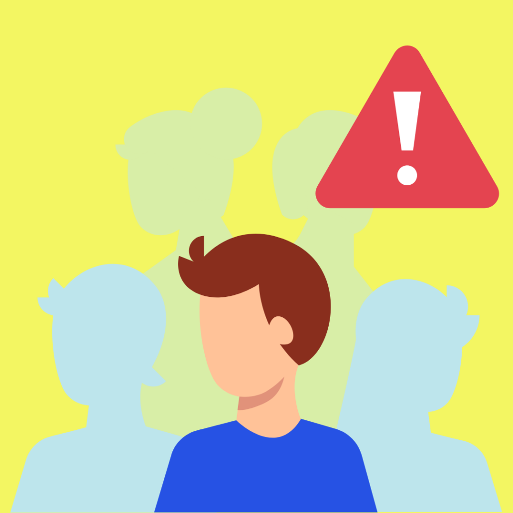 Image showing a person in front of their team with a warning sign, indicating there are common mistakes to avoid in their requirements engineering process.