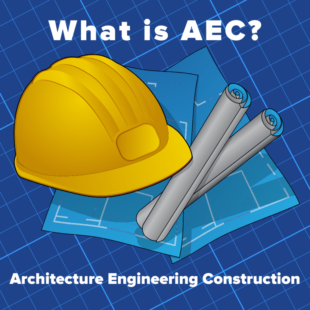 This image shows a construction hat and blueprints on a grid to represent the Architecture, Engineering, and Construction (AEC) industry.